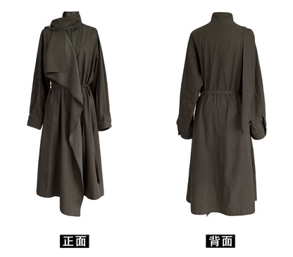 【cimz6595】 文藝復古・萊賽爾圍脖領綁帶不規則洋裝風衣外套260903
