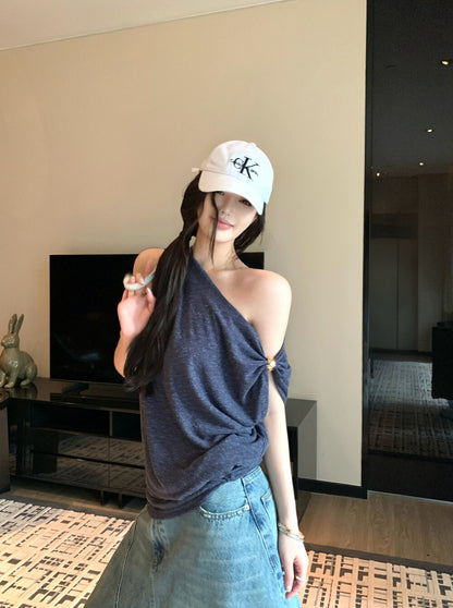 【L2356】Y.JIA純慾微性感💋韓系純慾辣妹風寬鬆顯瘦金屬釦露肩短袖上衣260706
