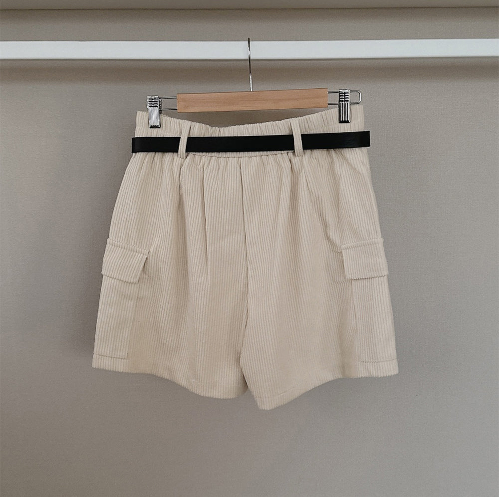 【F10406】韓國秋冬新款燈芯絨闊腿口袋工裝褲高腰（配腰帶）231023