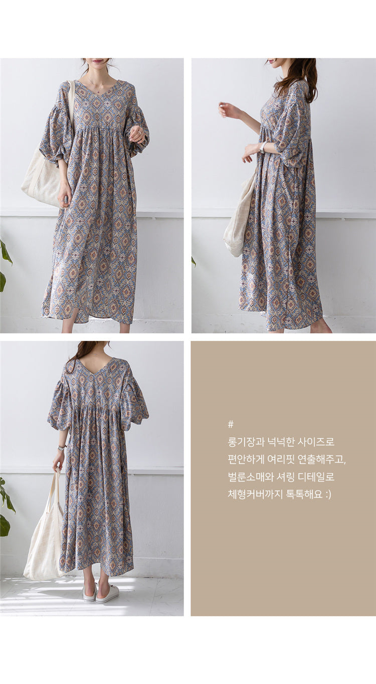 【F04220】夏天韓國印花圖騰燈籠袖慵懶長洋裝230410
