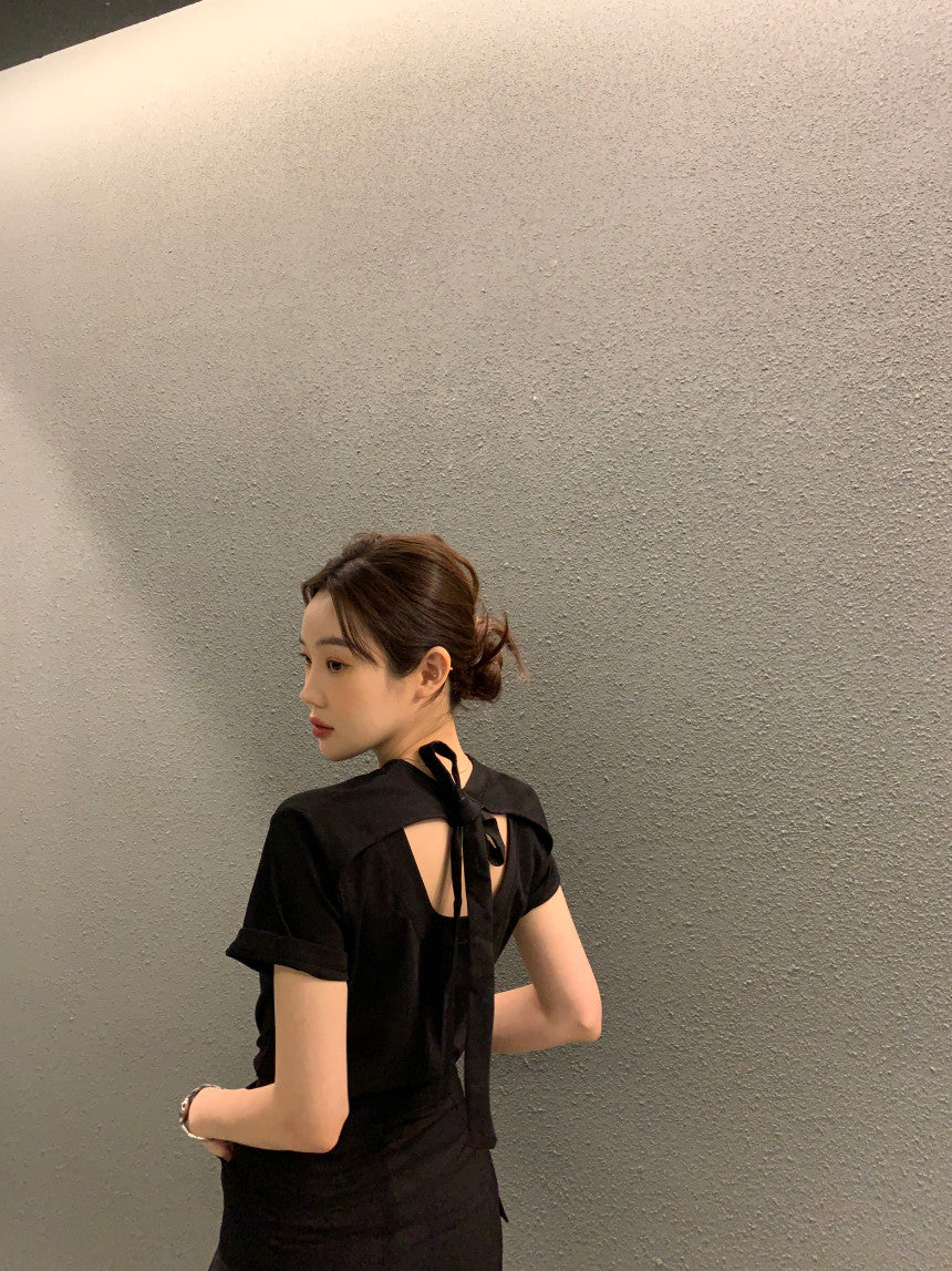 【F04315】韓國chic夏季設計露背繫帶蝴蝶結短袖T恤230417