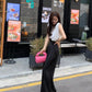 【F04308】韓國夏天薄款高級休閒感印花高腰垂感闊腿褲230417