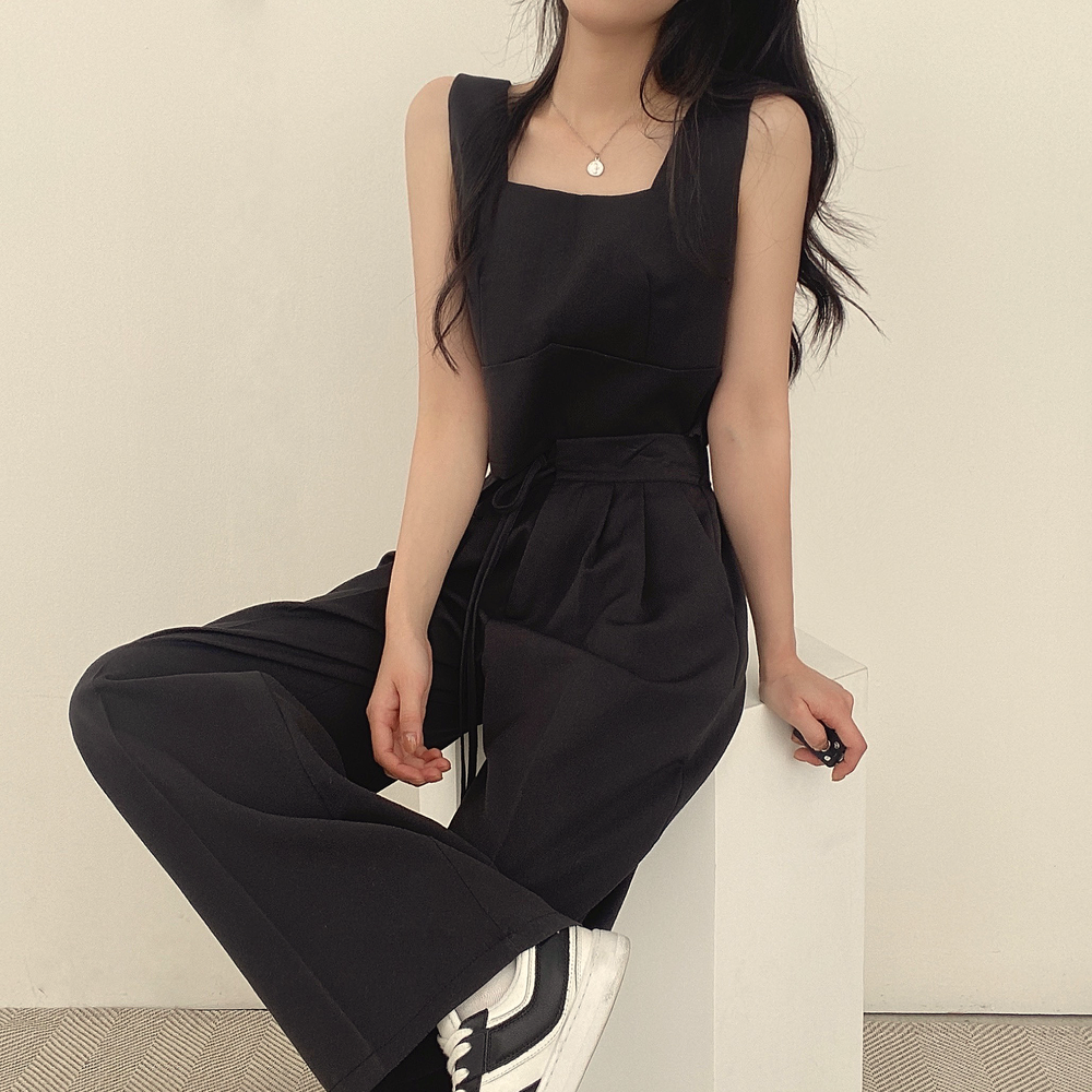 【F04311】韓國夏季時尚方領寬鬆短款背心+繫帶後鬆緊腰長褲 套裝230417