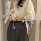 【F02214】實拍韓版春季設計感蝴蝶結綁帶燈籠袖襯衫230213