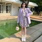 【F04318】韓版春裝高級感紫色西裝外套＋雪紡長袖洋裝（分開下單）230417