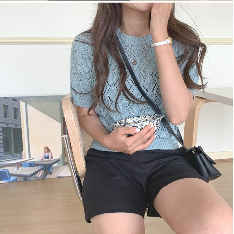 【F03303】韓國東大門簡約氣質鏤空薄款小香短袖針織衫230320