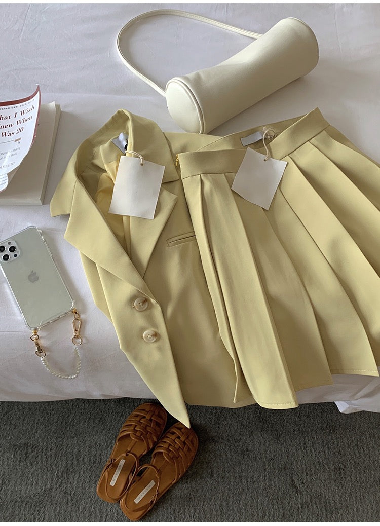 【F04320】韓版夏季學院風短袖西裝外套+百褶裙兩件套230417
