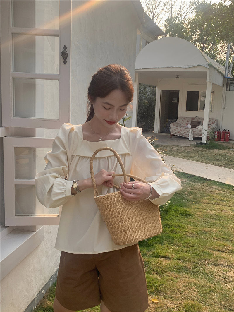 【F04210】韓版方領甜美法式純色長袖襯衫230410