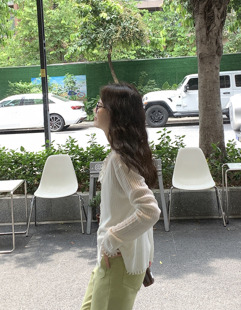 在台現貨【N463】實拍韓國春天V領設計流蘇長袖針織衫