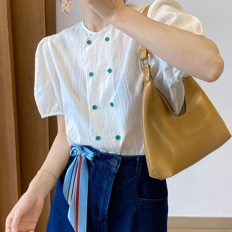 在台現貨【cim1955】實拍韓國夏天清新撞色雙排扣襯衫
