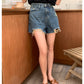 【H741】實拍韓國夏季復古高腰不規則毛邊牛仔褲230324