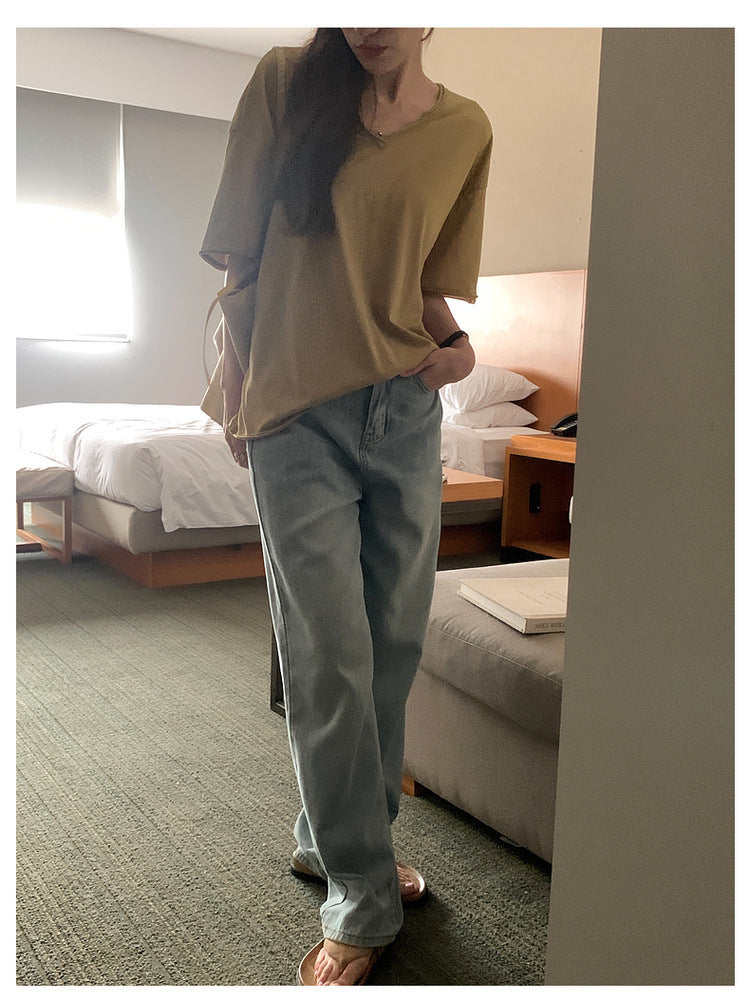 【H6881】實拍韓國純色慵懶ㄏV領休閒T恤230421