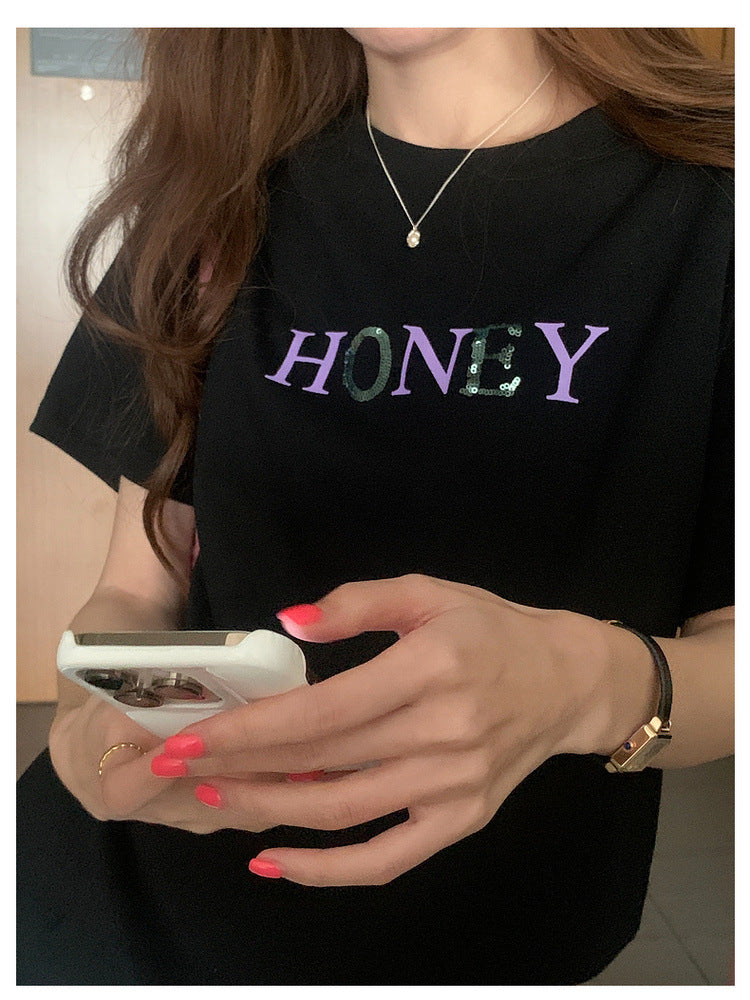 【H6867】實拍韓國簡約字母珠片印花T恤230421