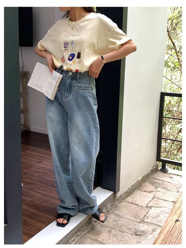 【H782】實拍韓國復古簡約口袋顯瘦直筒牛仔褲230317